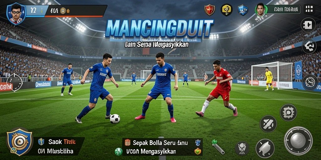 Gameplay seru MANCINGDUIT menampilkan aksi sepak bola yang mendebarkan.