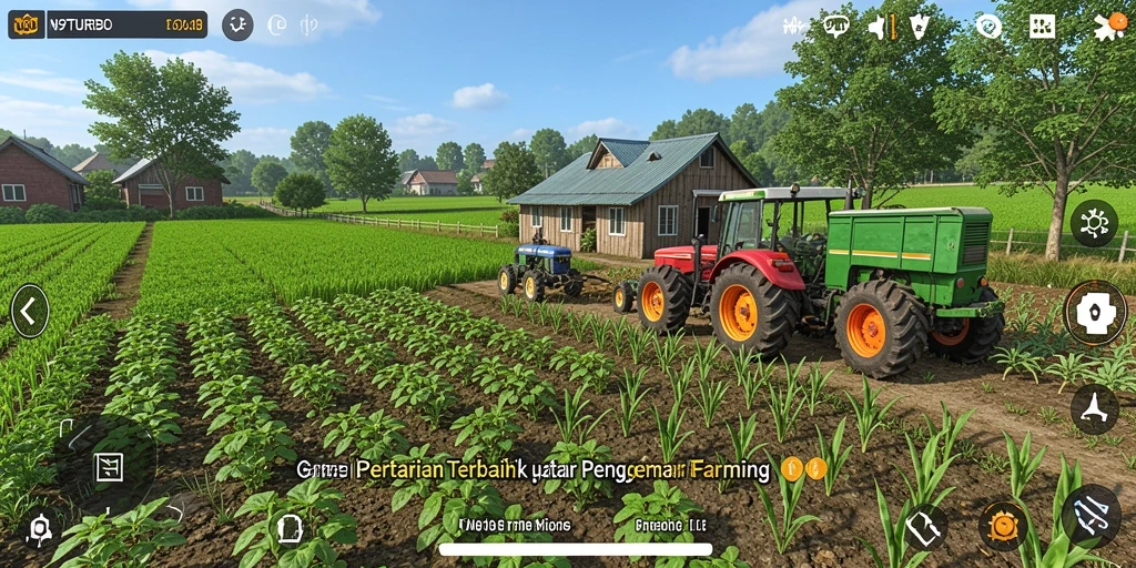 Tampilan gameplay N9TURBO dengan kebun yang subur dan aktivitas bertani.